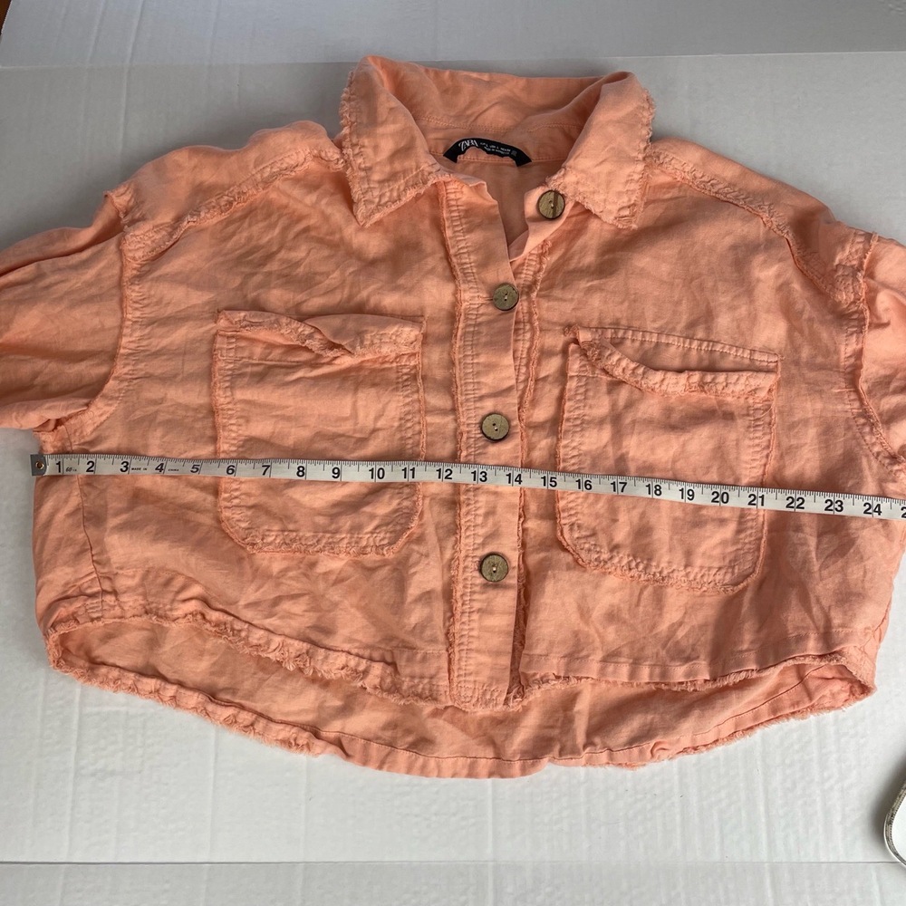 Zara Peach Coral Button Up Frayed Hem Cropped Jacket Womens Large - Picture 8 of 9